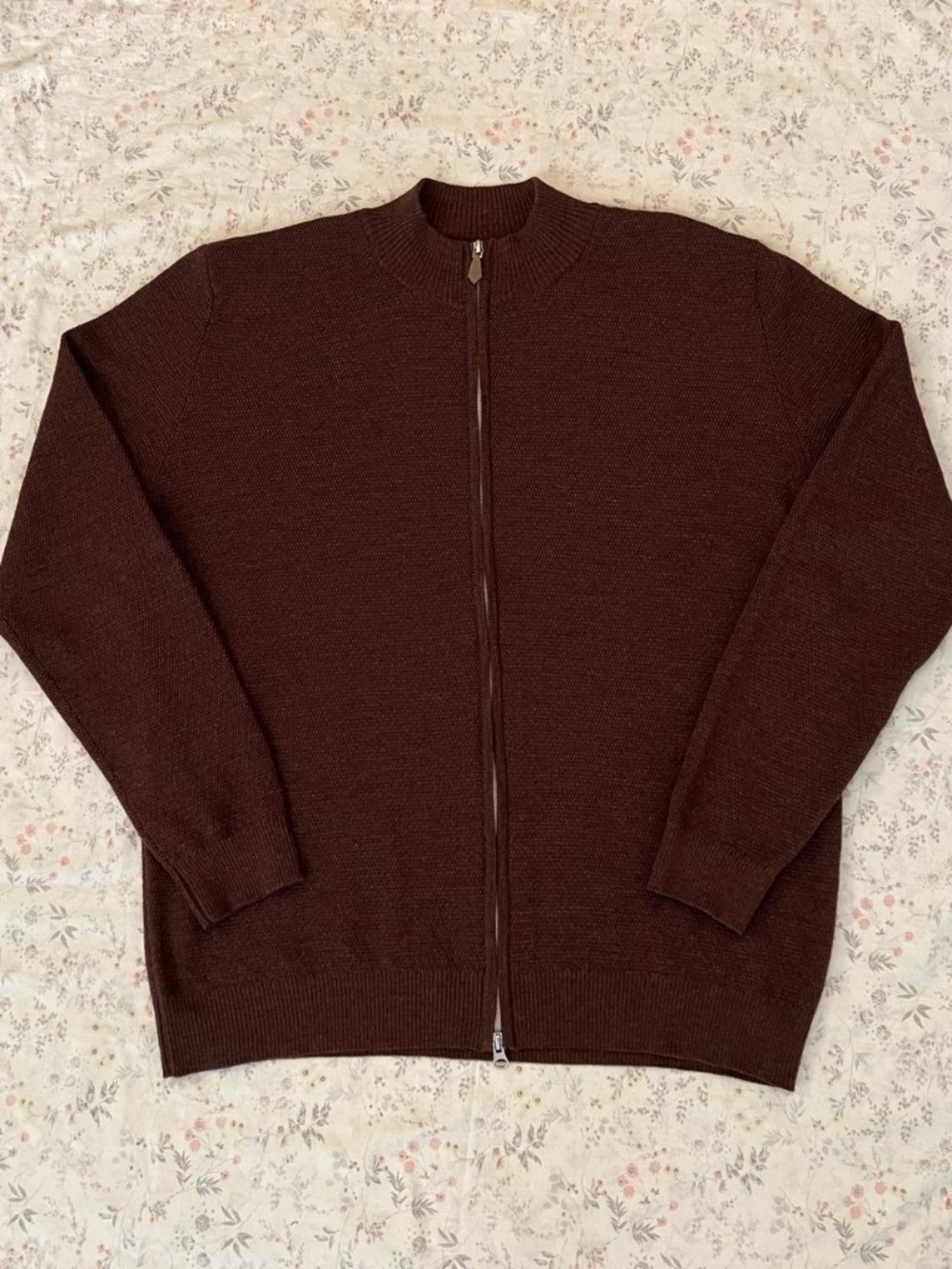 Stenstroms Merino Wool Full Zip Cardigan Textured Sweater Mock Neck Dark Brown